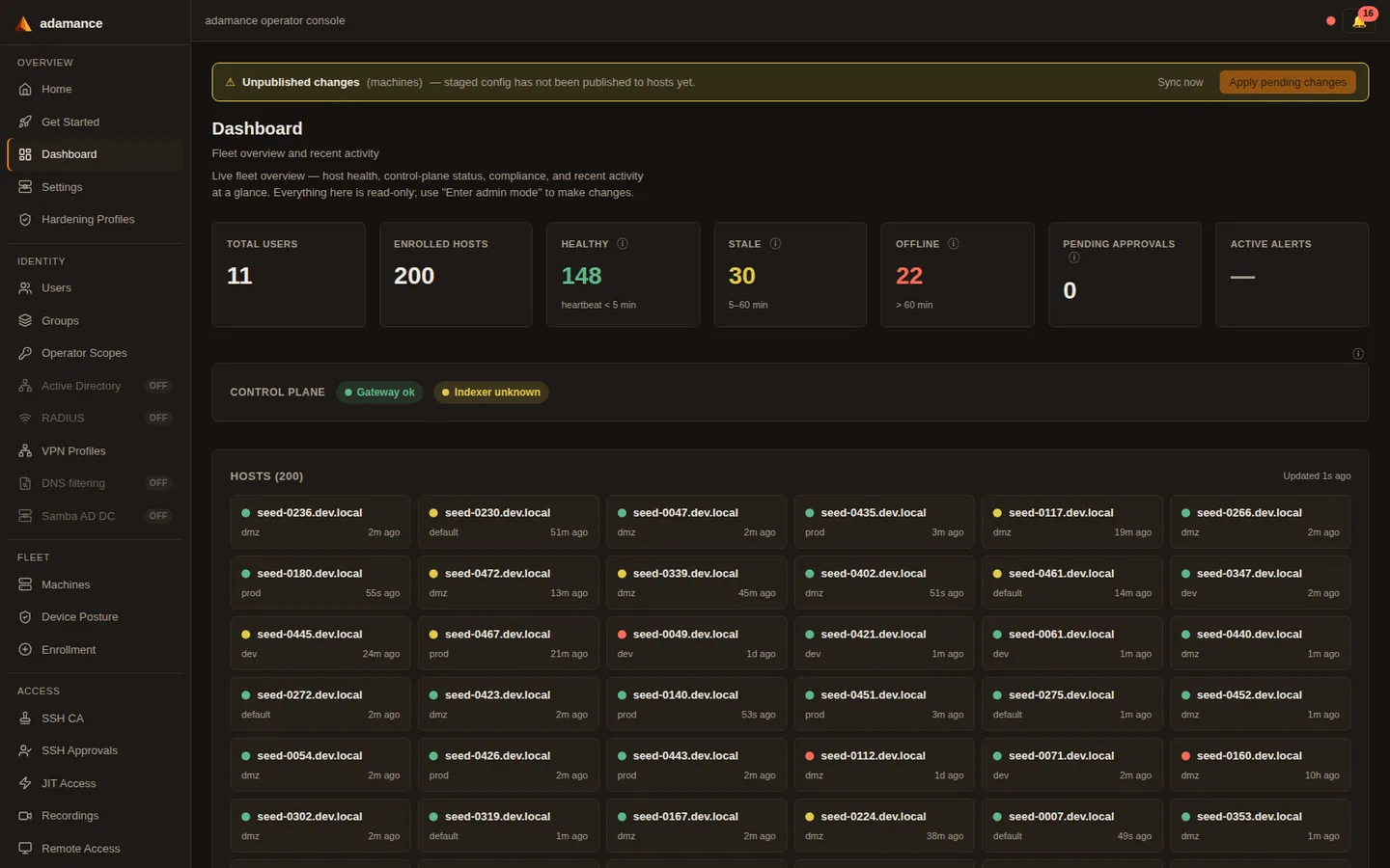 The adamance console, dashboard, dark theme